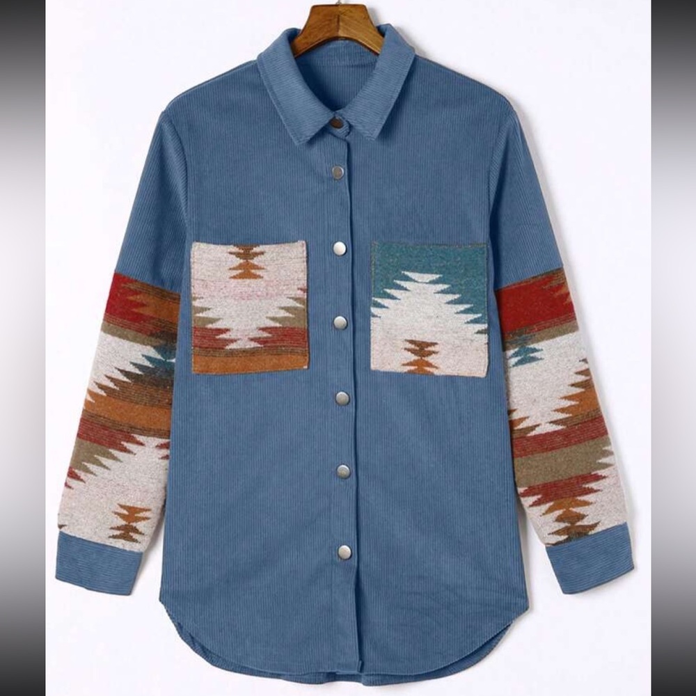 Cozy Boho Oversized Aztec Print Pocket Corduroy Jacket Shacket Button Down Shirt - Picture 4 of 7